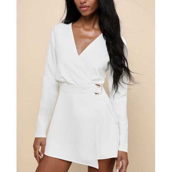 Lulus White Rooftop Bar Long Sleeve Wrap Mini Skort Romper Belted V Neck Bridal - Picture 1 of 13